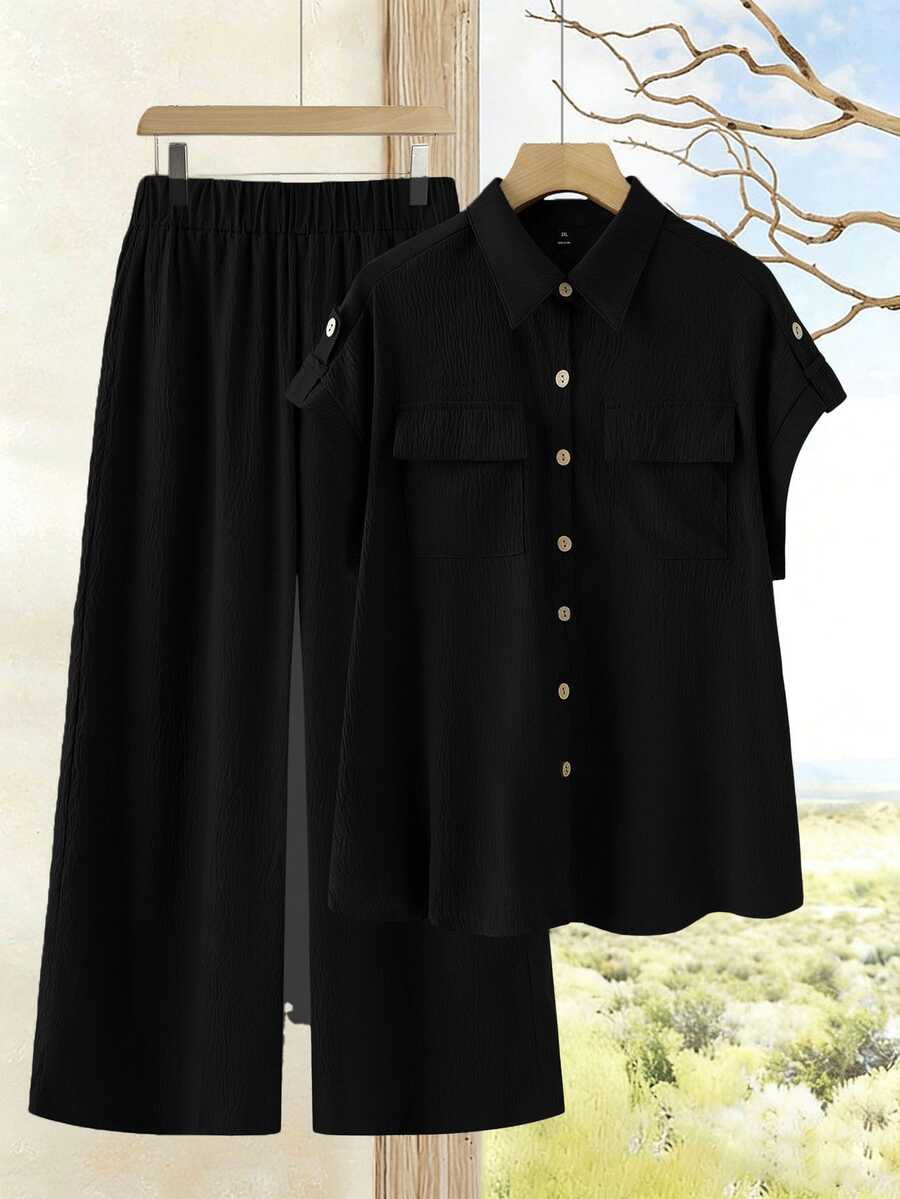 Linhara Plus-Size Two-Piece Set: Solid-Color, Faux-Linen Short-Sleeve Shirt And Elastic-Waist Pants-A Simple Black Style Perfect For Back-To-School Wear - Black - View 1
