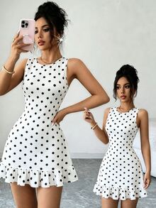 Selianne Women's New Fashion Faux Lace Knit Round Neck Sleeveless Ruffle Hem Elegant Daily Dating Commute Dress - Black and White - View 1
