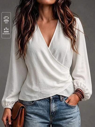 Linhara CURVE Camisa tipo jersey de manga larga con cuello en V, ajuste ceñido, favorecedora y versátil, cómoda y casual para mujer talla grande, otoño