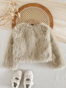 LMoss Kids Young Girl Woven Solid Kids Color Faux Fur Bow Casual Winter Jacket - White - View 2