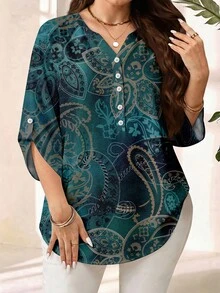 EMERY ROSE Plus Paisley Print Roll Tab Sleeve Blouse - Multicolor - View 4