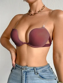 SHEIN 1pc Underwire Push-Up Transparent Strap Bra - Redwood - View 7