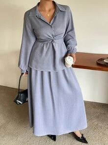 Dazy Plus Solid Color Casual Twist Pullover Shirt & A-Line Long Skirt 2 Pieces Set, Fun Commuter Outfit Fall - Blue - View 4