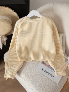 SHEIN 青少年女孩短版圓領長袖套頭針織衫時尚款 - 米色 - 查看 2