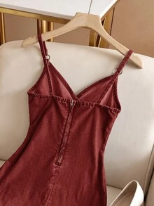 Breezaya 女款性感交叉式細肩帶牛仔洋裝，夏季 - 咖啡棕 - 查看 10