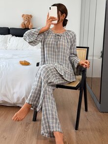DAZY Women's Plaid Top And Pants Pajama Set Fall - Blue - View 4