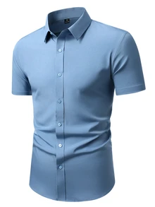 Calvornis Men's Summer Casual Solid Color Short Sleeve Shirt - Blue - View 4