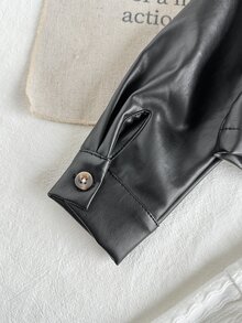 SHEIN Vintaside Kids 女嬰春秋短款黑色PU皮革夾克與白色提花肩帶洋裝2件套，優雅時尚，適合室內/戶外拍照及其他場合 - 黑與白 - 查看 9