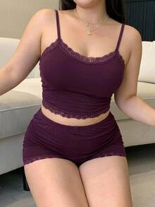 Dazy Plus Sexy Lace Patchwork Cropped Camisole & Shorts Purple Pajama Set - Purple - View 2