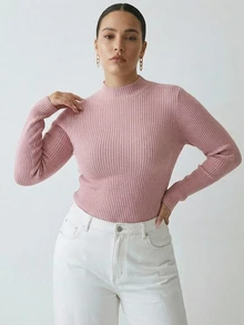 Dazy Plus Solid Color Casual Ribbed Fitted Elegant Versatile Mock Neck Pink Sweater Pullover Autumn/Winter - Pink - View 6