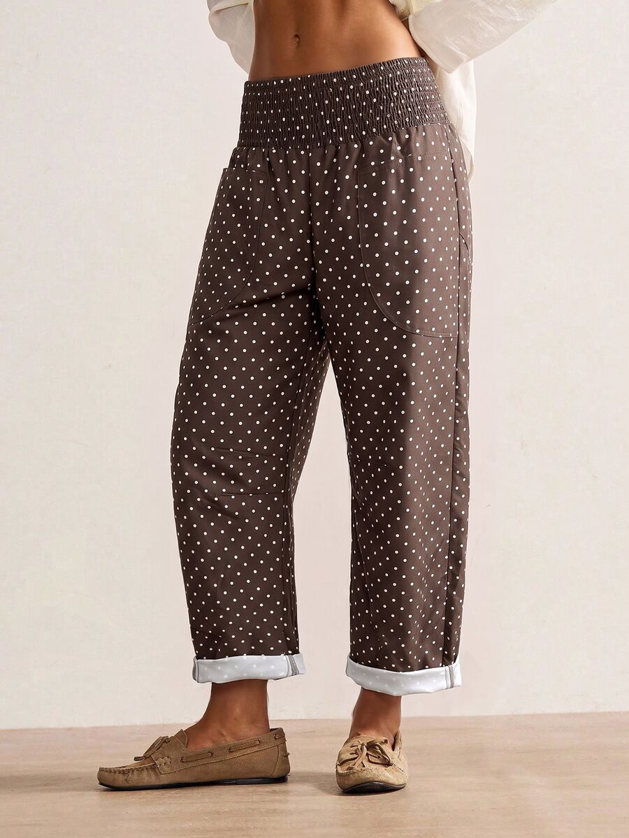 Bohemela Celana Panjang Wanita Model Tapered dengan Motif Polkadot dan Detail Kerutan di Pinggang - Hitam dan Putih - View 1