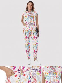 TaskEZ Silk Cartoon Graphic Cap Sleeve Drawstring Waist Scrub Jumpsuit - Multicolor - View 2
