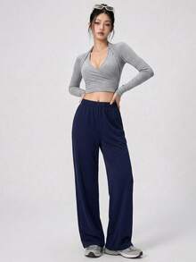 DAZY Celana Olahraga Wanita Motif Bintang Model Lurus untuk Musim Gugur - Navy Blue - View 6