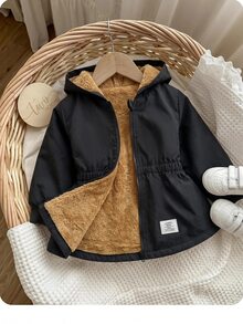 SHEIN 女嬰可愛冬季保暖內裡拉鍊連帽外套 - 黑色 - 查看 1