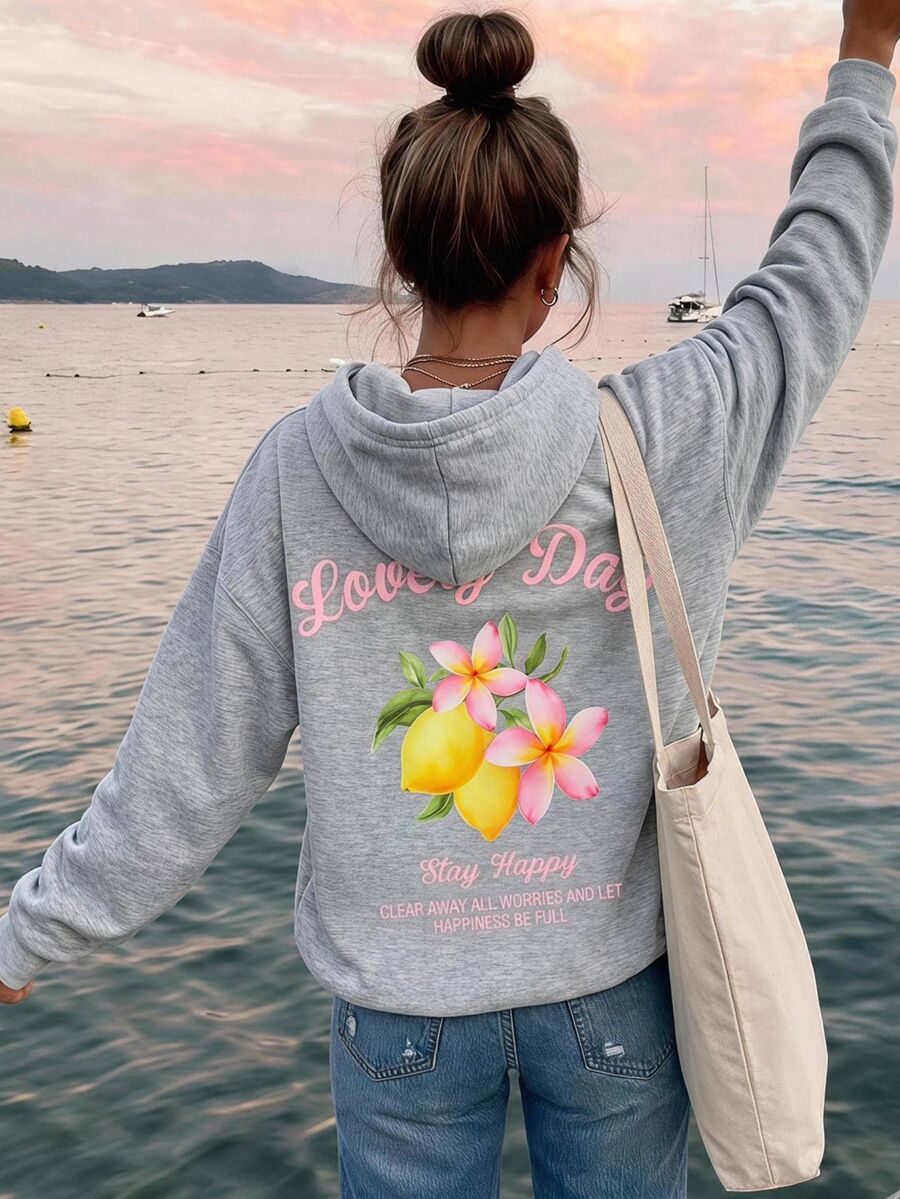 SHEIN Girlism 青少年女孩秋冬休閒灰色檸檬木槿花英文泡棉印花口袋衛衣,返校季 - 灰色 - 查看 1