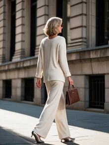 Offisola Women's Fashion Minimalist Ribbed Knit 2 Pieces Set With Asymmetrical Hem And Folded Cuffs, Casual Commuter Elegant Outfit, Suitable For Mom Wear - Apricot - View 2