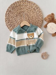 SHEIN Newborn Baby 3D Bear Pattern Colorblock Casual Daily Autumn Cardigan - Green - View 7