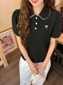 DAZY 女款韓式休閒短袖翻領T恤 - 黑色 - 查看 4