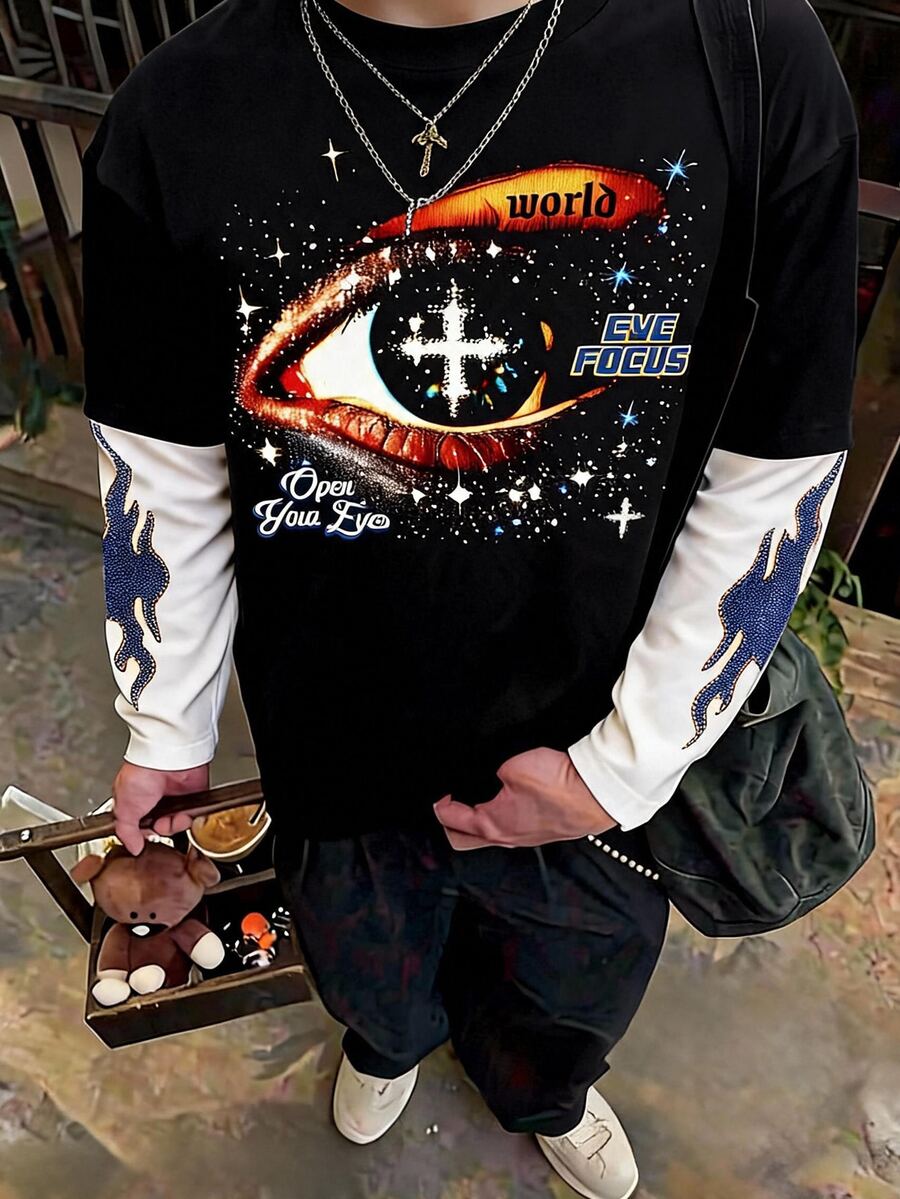SHEIN 青少年男孩秋季休閒拼色眼睛印花T恤