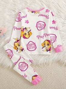SHEIN | PAW Patrol 聯名 IP 主題幼女幼童全印花對比領設計修身高彈力面料長袖長褲兩件式居家服套裝 - 粉色 - 查看 2