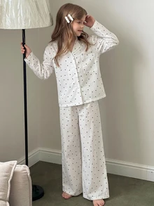DAZY Tween女孩秋季圓領針織印花短袖T恤＋格紋睡褲家居服套裝 - 白色 - 查看 4