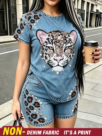 Rovax Plus Size Summer Casual Denim Effect Leopard Print T-Shirt And Shorts 2 Pieces Set