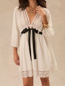 Easelle Women's French Lace Patchwork Hollow Sweet Romantic Boho Elegant Tie-Up Dress Vacation White Black Lace Fall Garden Party Brunch Tea Party - White - View 6