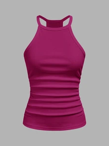 Slaydiva 2026 Primavera/Verano Nuevo Casual Básico Versátil Blanco Liso Acanalado Cuello Redondo Espalda de Corredor Sin Mangas - Rojo violeta - Ver 3