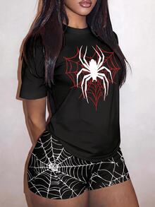 Slaydiva Spider Web Print Tee & Booty Shorts Set - Multicolor - View 1