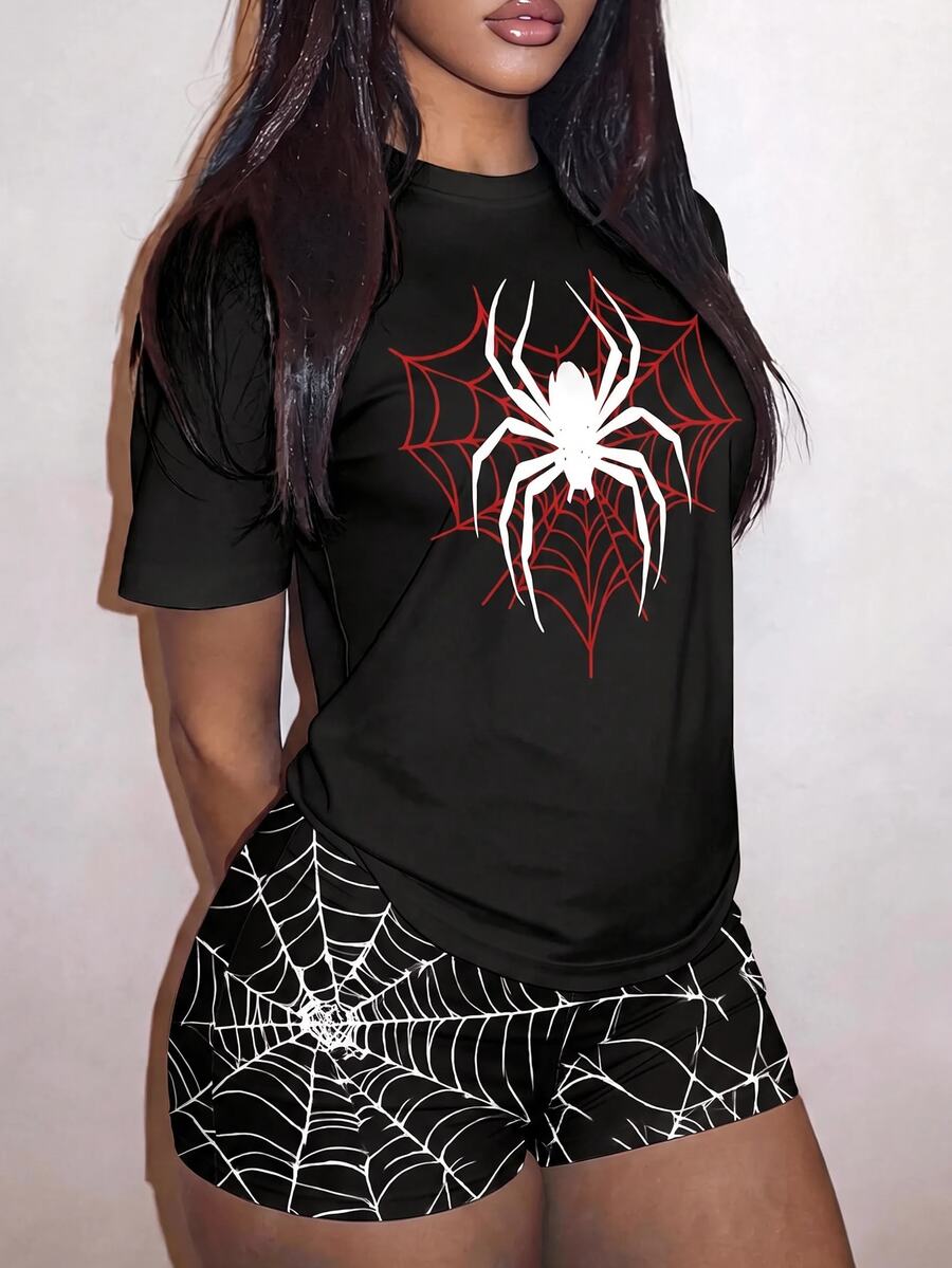 Slaydiva Spider Web Print Tee & Booty Shorts Set - Multicolor - View 1