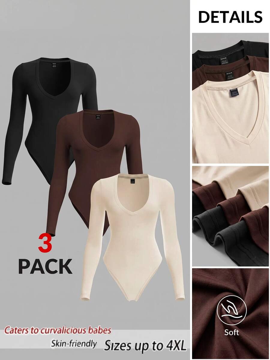 SHEIN BASICS 大尺碼休閒百搭純色長袖緊身連身衣 - 黑色 - 查看 1