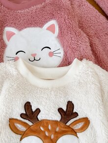 4件組女嬰秋冬新款返校粉色與白色可愛軟絨內裡加厚兩件套，貓咪與鹿貼花卡通圖案刺繡，圓領寬鬆長袖慢跑褲，室內穿著、戶外出遊、通勤、休閒百搭時尚套裝 - 藕粉色 - 查看 5