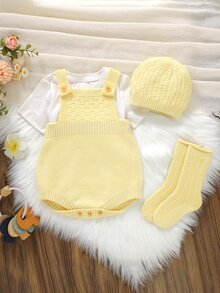 SHEIN Vintaside Kids Newborn Baby Solid Color Button Design Casual Knit Romper - Yellow - View 7