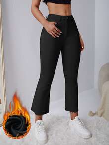 SHEIN EZwear 女款時尚百搭鈕扣口袋喇叭腳踝長牛仔褲 - 黑色 - 查看 1