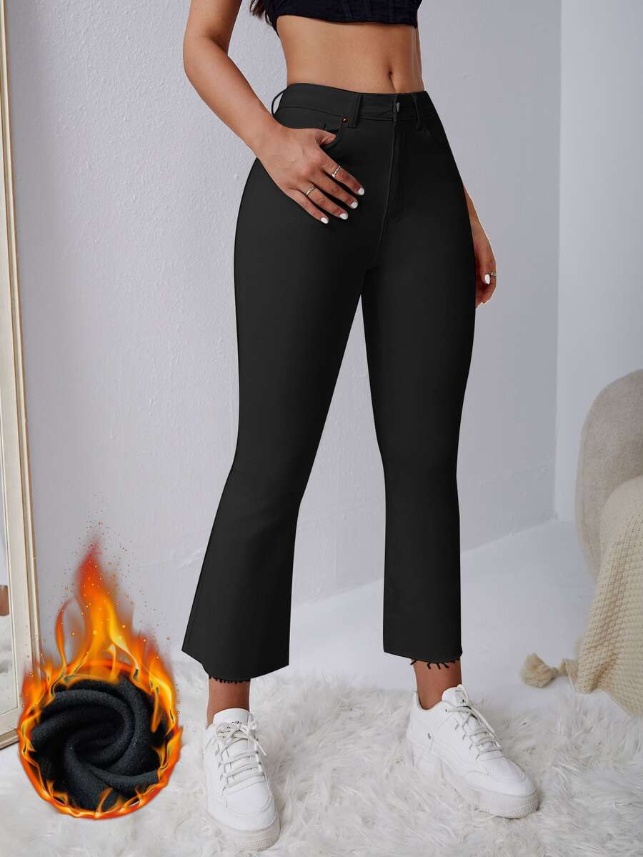 SHEIN EZwear 女款時尚百搭鈕扣口袋喇叭腳踝長牛仔褲 - 黑色 - 查看 1