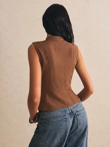 Poéselle 女款復古條紋雙排扣時尚背心外套 - 棕色 - 查看 7