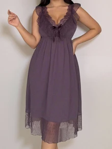 Dazy Plus Romantic Mesh & Lace Patchwork Ruffle Backless Camisole Nightgown - Purple - View 5
