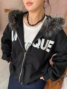 Dazy Plus Plus Size Thermal Lined Thick Letter Print Patchwork Fur Collar Hooded Sweatshirt, Autumn/Winter Streetwear Casual Design - Black - View 4