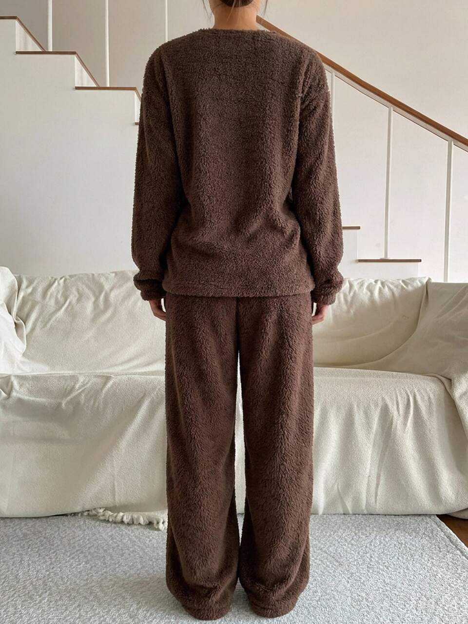 2pcs Cute Bear Pattern Loose Sweatshirt Top And Cuffed Pajama Pants Set, Thermal Lined, Women's Sleepwear Set For Autumn/Winter
