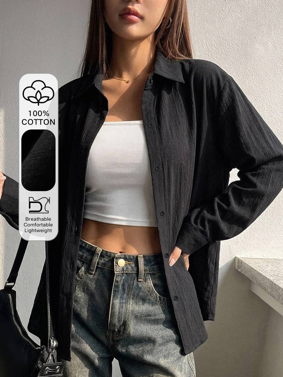 DAZY 休閒百搭純色長袖女款襯衫 - 黑色 - 查看 1