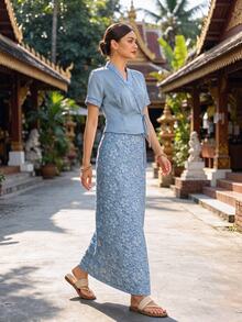 EastFlair Women's Side Knot Short Sleeve Top And Jacquard Skirt Elegant 2 Pieces Set - Multicolor - View 2