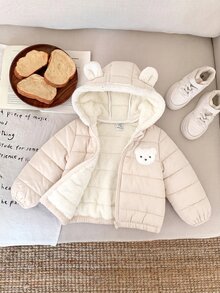 SHEIN 嬰兒與女嬰可愛卡通熊圖案保暖內裡連帽加厚冬季外套 - 杏色 - 查看 6