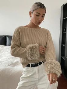 SHEIN Autumn/Winter Casual Khaki Fuzzy Cuff Sweater - Khaki - View 6