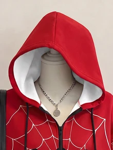 SHEIN EZwear 女款休閒拉鍊寬鬆連帽衛衣，蜘蛛印花，秋季服飾，Y2K通勤穿搭，基礎款，復古，萬聖節裝扮，紅白色 - 彩色 - 查看 7