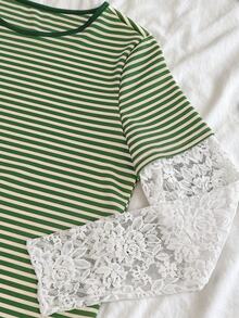 IslaSuriya Striped Contrast Lace 2 In 1 T-Shirt - Multicolor - View 4