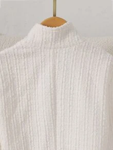 SHEIN Elladie kids 女童白色粗花呢立領短版夾克，泡泡長袖，開襟式設計，修身收腰，圓弧下擺，紋理條紋針織面料，休閒通勤風 - 白色 - 查看 6