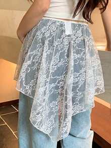 Dazy Plus Plus Size White Sheer Lace Asymmetrical Hem Layered Skirt - White - View 4