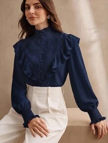 Anewsta Women's New Pink Stand Collar Ruffle Patchwork Lace French Romantic Ruffle Long Sleeve Blouse - Navy Blue - View 1