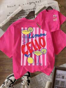 EMERY ROSE Limon Cello 檸檬調酒愛好者女款休閒寬鬆粉色圖案 T 恤，適合海灘與週末穿著 - 玫紅色 - 查看 1