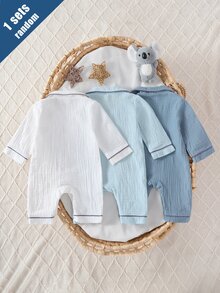 【1套隨機款】新生兒長袖翻領雙層梭織無彈力居家服，可愛考拉熊刺繡貼布，新生兒最佳禮物，居家穿著，百搭時尚，最佳選擇 - 彩色 - 查看 2